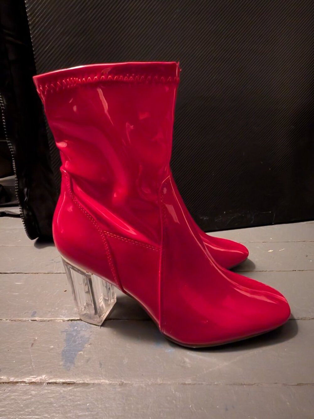 Ollio Women's Patent Side Zip Up Clear High Heel Ankle Boots